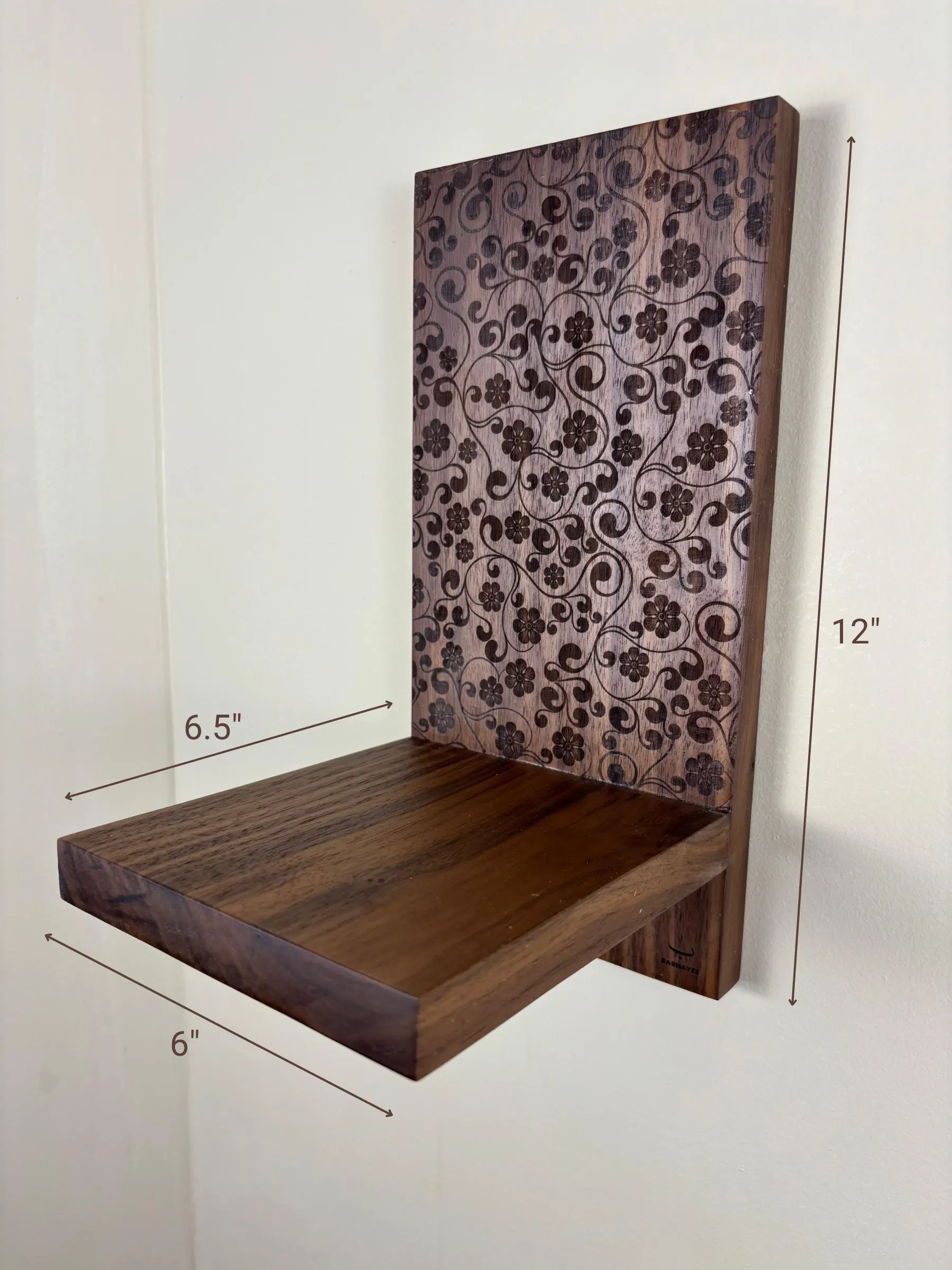 Engraved Walnut Plant Shelf detail 2
